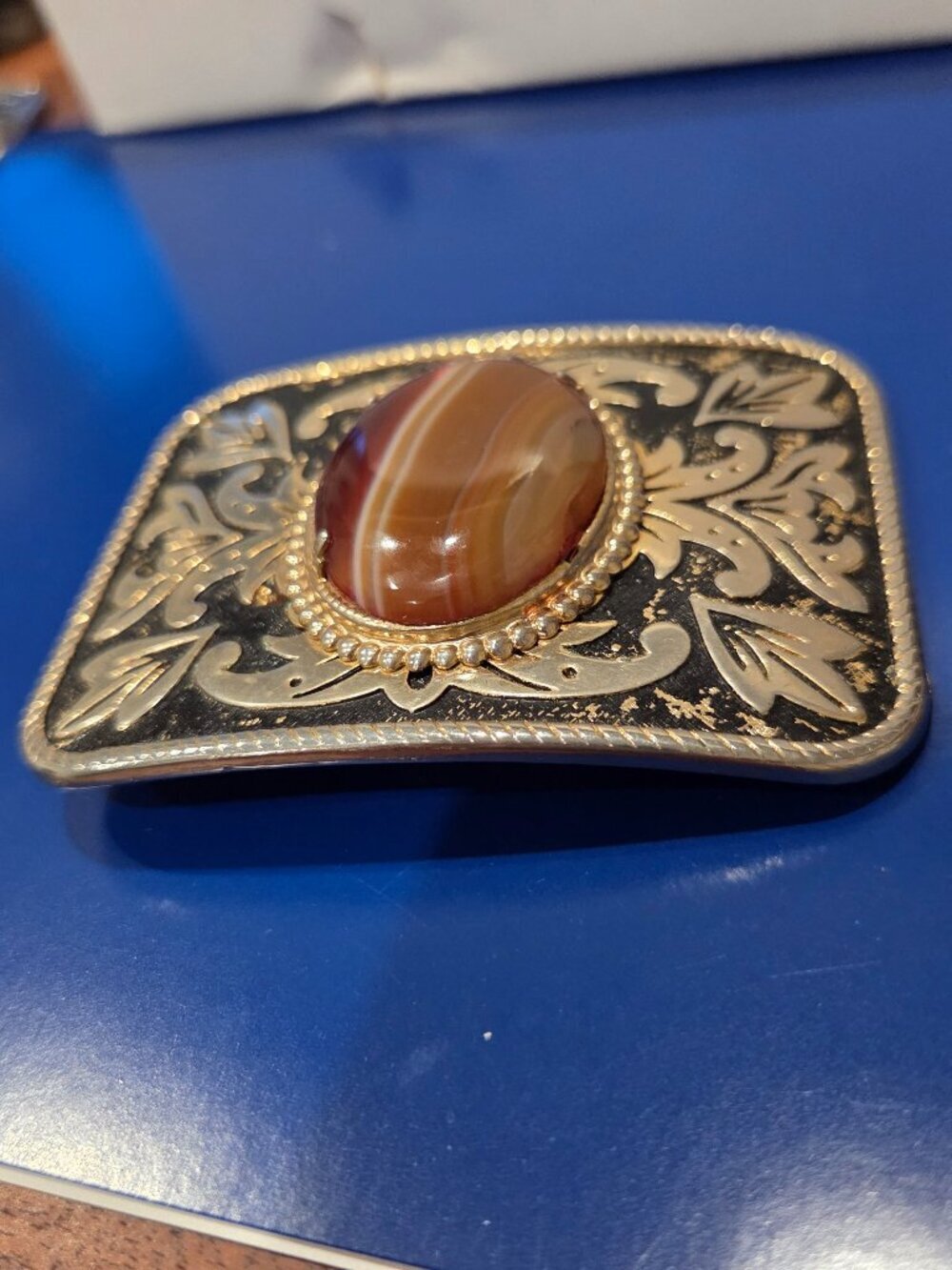 Banded Agate Stone Cabochon Gold Tone Filigree - Rectangular Belt Buckle